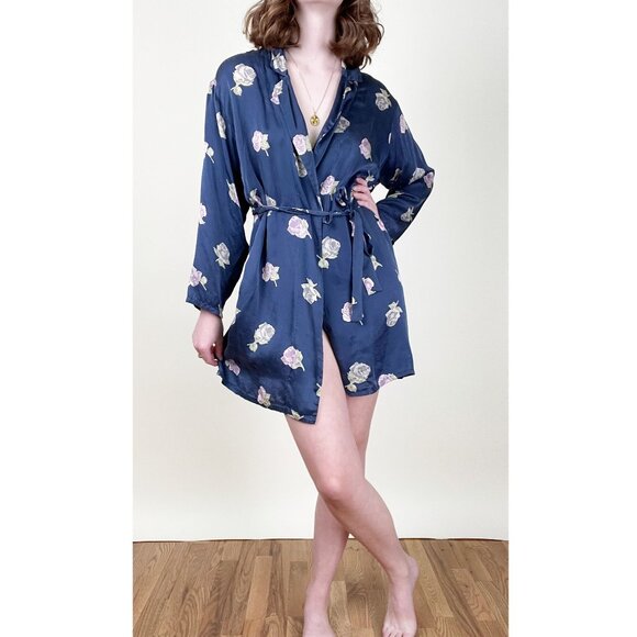 Vintage 100% Silk Floral Print Robe Kimono Duster Cardigan Lounge Quiet Luxury - Picture 3 of 7